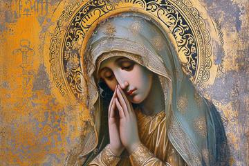 The praying Mary depicted in Byzantine style. AI generative. © Dar1930