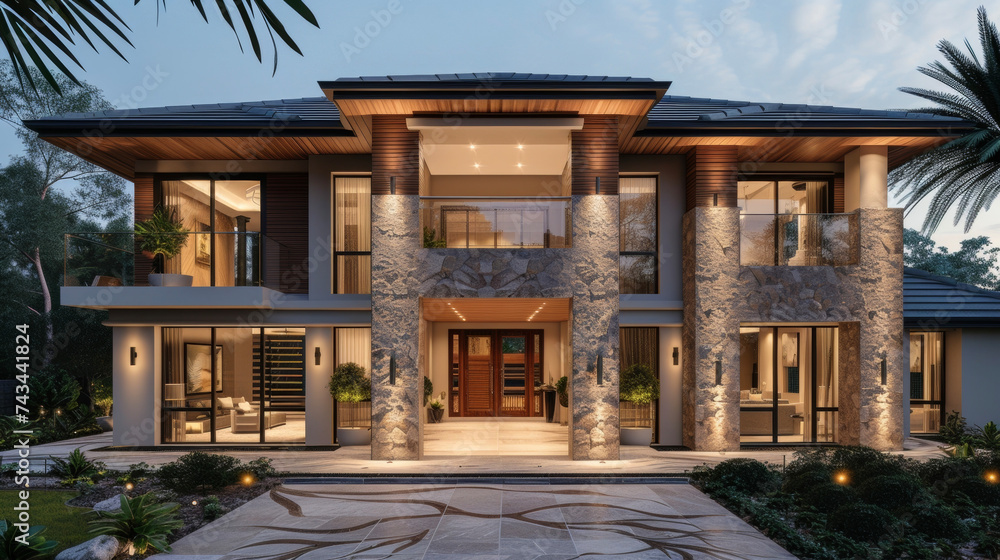 Poster step into luxury with this grand home featuring a sophisticated facade made up of sleek wood slats s