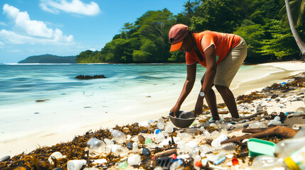 A woman collecting plastic waste on a pristine beach - obrazy, fototapety, plakaty