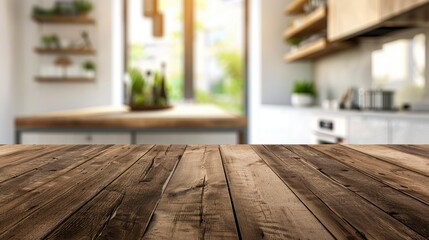 Empty beautiful wood table top counter and blur bokeh modern kitchen interior background in clean and bright,Banner, Ready for product montage - generative ai