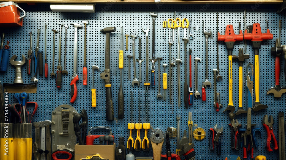 Poster a pegboard wall covered with a variety of tools from hammers and screwdrivers to pliers and wrenches