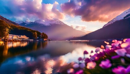 sunset over lake in the mountains