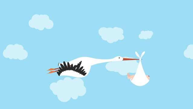 Flying stork delivering baby boy on blue background animation, it's a boy birth celebration