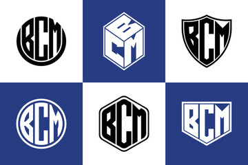 BCM initial letter geometric shape icon logo design vector. monogram, letter mark, circle, polygon, shield, symbol, emblem, elegant, abstract, wordmark, sign, art, typography, icon, geometric, shape