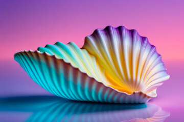 Fototapeta premium Colorful seashell in neon light on soft pastel colors backdrop.