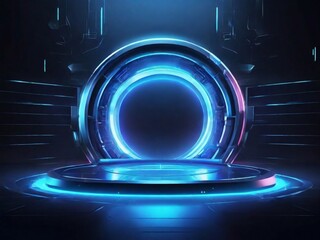 Podium light hologram tech technology background portal circle cyberpunk effect digital. Game element podium hologram light blue hud vector 3d future futuristic data concept neon vr fi abstract cyber