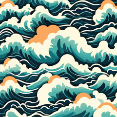 Fototapeta na wymiar Beach ocean water waves art in vector illustration. Waves in Harmony: Seamless Ocean Water Design.
