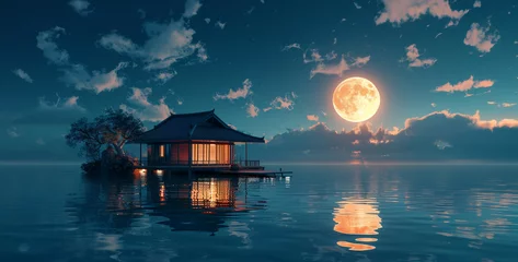 Fotobehang Bora Bora, Frans Polynesië Chinese house in the sea at night with full moon.Chinese pavilion in the middle of the lake at night with full moon, chinese temple in the morning