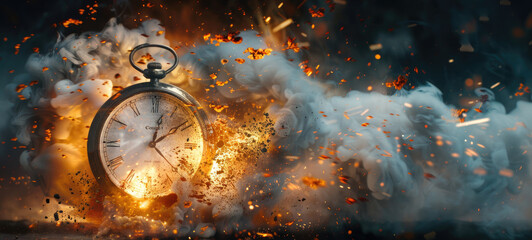 Pocket Watch in Flames: A Shattered Relic of Time - obrazy, fototapety, plakaty