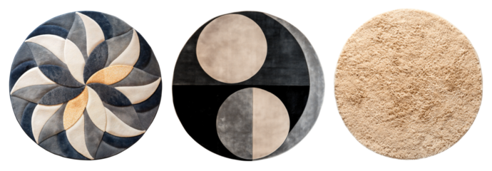 A set of round soft carpets in gray and beige colors. Isolated on a transparent background.