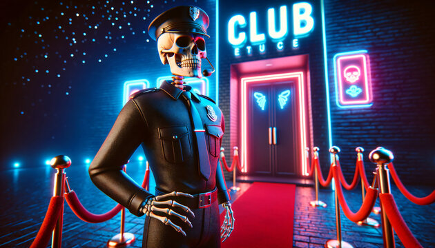 Human skeleton working as security guard at a nightclub 