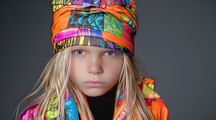 A studio portrait of a young female child model with a serious expression and wearing a colorful head wrap and jacket. Blond hair.