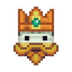 King wearing gold crown on head. Bearded old man face pixel art icon emoticon cartoon character. 8-bit style smiley. Flat style. Isolated abstract vector illustration.