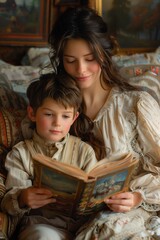 Fototapeta na wymiar Mother Reads to Son, Creating Cozy Moments in Bedroom