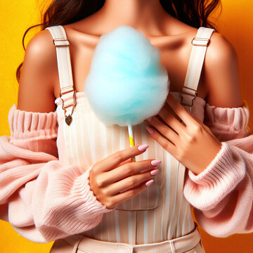 Fashionable woman with cotton candy in hand on yellow background.