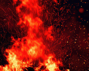 Burning red hot sparks rise from a large fire in the night sky