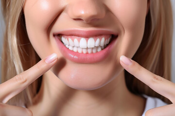Woman with a beautiful white smile pointing with her hands to her teeth.