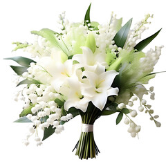 Spring bouquet of lily of the valley flowers, green leaves, and lily flowers tied with white ribbon. The image is isolated on a white background. For Mother's Day cards, birthday cards, wedding