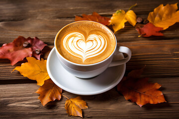 A cup of coffee with cappuccino making heart symbol and autumn leaves on old wooden background  - obrazy, fototapety, plakaty