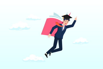 Success graduated student flying with book wings in the sky aim for bright future, education or academic on personal development, knowledge to empower career growth and improve business skill (Vector) - obrazy, fototapety, plakaty