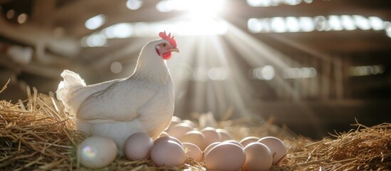 Healthy white hen next to freshly laid eggs in hay in a rustic barn under warm sunlight with copy space, banner - obrazy, fototapety, plakaty