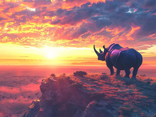 Archetypal heros journey depicted as a lone rhino facing the horizon during a vibrant sunset symbolizing courage