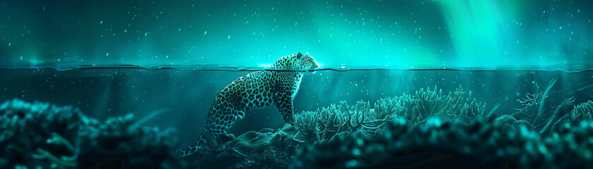 Minimalistic coral reef under the shimmering aurora a leopard silently prowls blending nature with serene beauty - obrazy, fototapety, plakaty