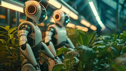 Robots working at night in an illuminated greenhouse close up on their delicate work with plants