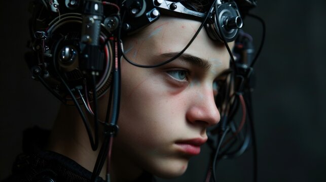 Portrait of a cyborg half human half machine isolated on a dark background
