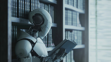 A 3D robot librarian human like in appearance organizing futuristic digital archives