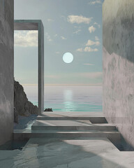 Virtual reality portal opening onto a serene minimal landscape symbolizing the escape from digital overload