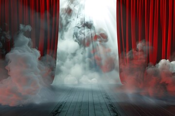 theater stage, with red curtain, wooden floor, chairs and lighting AI generative