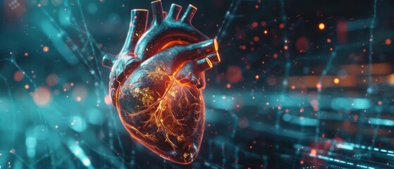 Digital heart beating in a cybernetic organism life meets tech - obrazy, fototapety, plakaty