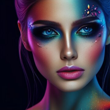 Fashion model woman face with fantasy art make-up. Bold makeup, glance Fashion art portrait, incorporating neon colors. Advertising design for cosmetics, beauty salon. content