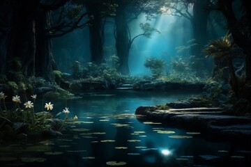 Moonlit blue forest pond with trees, white flowers reflecting in water at night