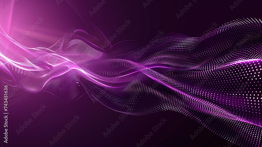 Poster abstract background halftone dots and curved lines in dark purple colours.