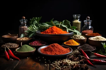 Foto op Plexiglas Wooden table of colorful spices of Zanzibar  © STORYTELLER