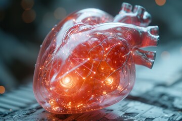 Transparent heart with circuitry, concept of futuristic medicine ID: cd3196dc-edf0-4b9a-a6bc-56b487346639 - obrazy, fototapety, plakaty