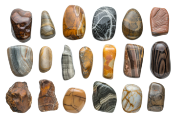 Collection of water river stone or spa stone with various types and shapes isolated on background, rock round shape.