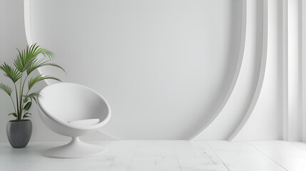 A sleek and modern minimalist interior featuring smooth curved lines and a single palm plant as a natural accent. Perfect for architectural visuals, home decor inspiration, and modern design concepts