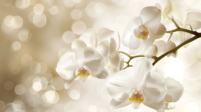 The classic beauty of white orchids against a glowing bokeh backdrop, evoking a sense of serenity and refinement. This image is perfect for wedding materials, elegant branding, and sophisticated decor