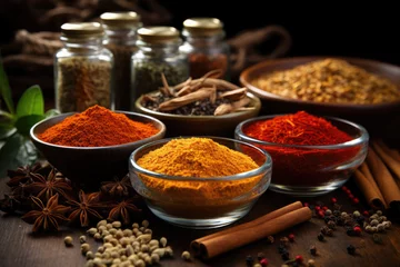 Gartenposter Wooden table of colorful spices of Zanzibar  © STORYTELLER