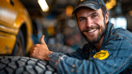 A smiling mechanic in overalls and a cap gives a thumbs up sign, indicating good service and customer satisfaction at an auto repair shop.