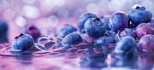 Fresh blueberry splashing in water with droplets flying around, vibrant colors. stock photo of water splash with blueberry Food horizontal Photography.