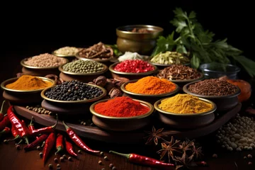 Tuinposter Wooden table of colorful spices of Zanzibar  © STORYTELLER