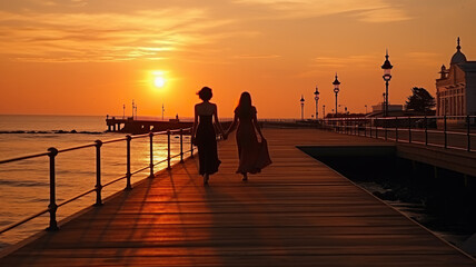 Fototapeta premium Silhouette of two women on the pier at sunset. Generated by artificial intelligence