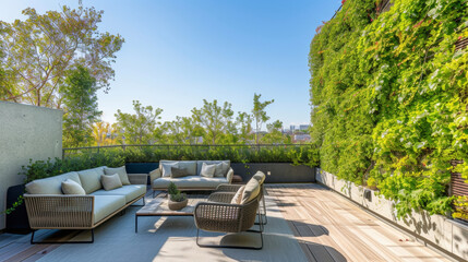 A hidden townhome with a spacious rooftop terrace boasting a green wall and a tranquil seating area to take in the city views while surrounded by nature.