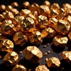 Golden nuggets on dark background, raw precious gold