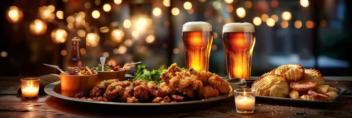  a tray with beer and chicken food,  - obrazy, fototapety, plakaty