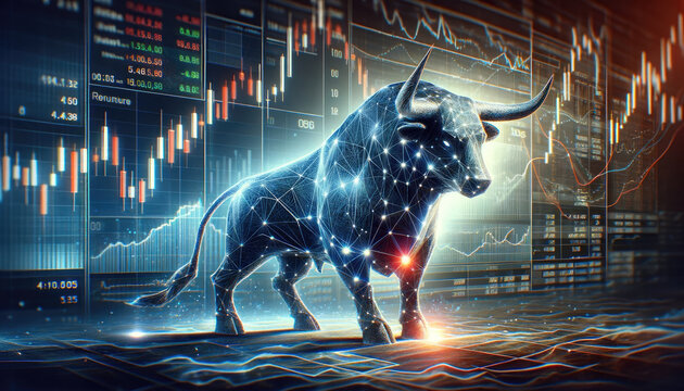 Digital illustration of a bull in front of stock market charts depicting a bullish trend, representing financial market growth.